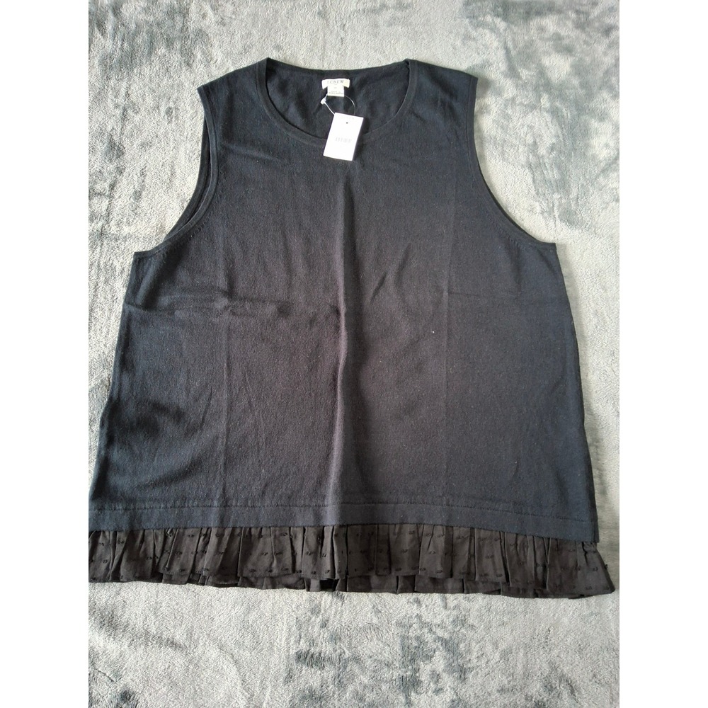 J.Crew Black Sleeveless Knit Shell Top Pleated Eyelet Ruffle Hem XL L5415 BK0001
